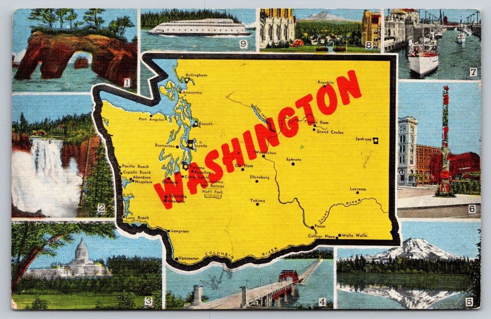 Vintage Washington State Map Postcard E.C. Kropp Co. Muti-View Linen 28767-P124
